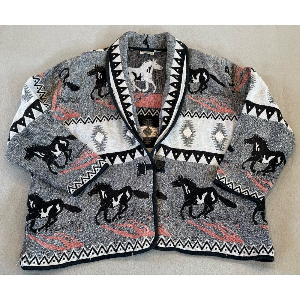 Womens Vintage Southwestern Blanket Coat Woven Horse Tapestry Jacket  Sz XXL